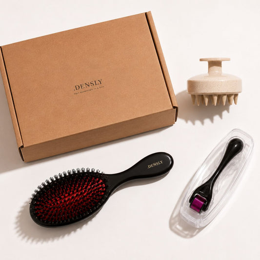 Kit repousse cheveux DENSLY avec 3 accessoires pour stimuler le cuir chevelu et favoriser des cheveux plus forts.
