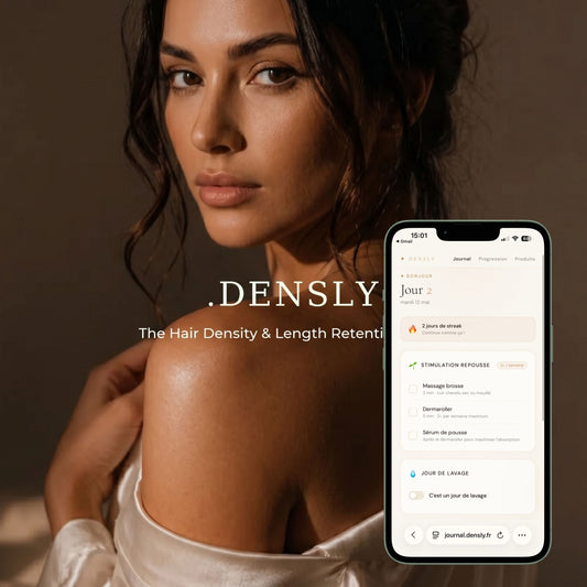 Texte alternatif pour l'image :  `Femme aux cheveux longs et denses tenant son téléphone avec l'app Journal de Pousse Densly — suivi de routine capillaire`