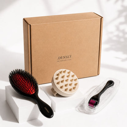 Box Grow DENSLY avec dermaroller, brosse massante et brosse en poils de sanglier pour stimuler la pousse.