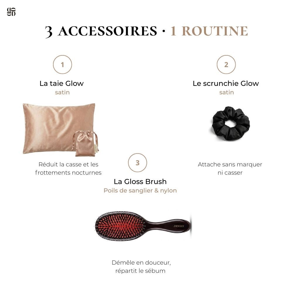 Routine cheveux DENSLY avec 3 accessoires essentiels pour limiter la casse et préserver les longueurs.