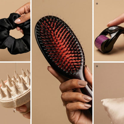 Une grille de 5 images des 5 accessoires de la box Densly : box essentiels pour la repousse des cheveux et protection des longueurs. Dermaroller en titane, brosse massage cuir chevelu, brosse demelante poils de sanglier et nylon, taie et chouchou en satin