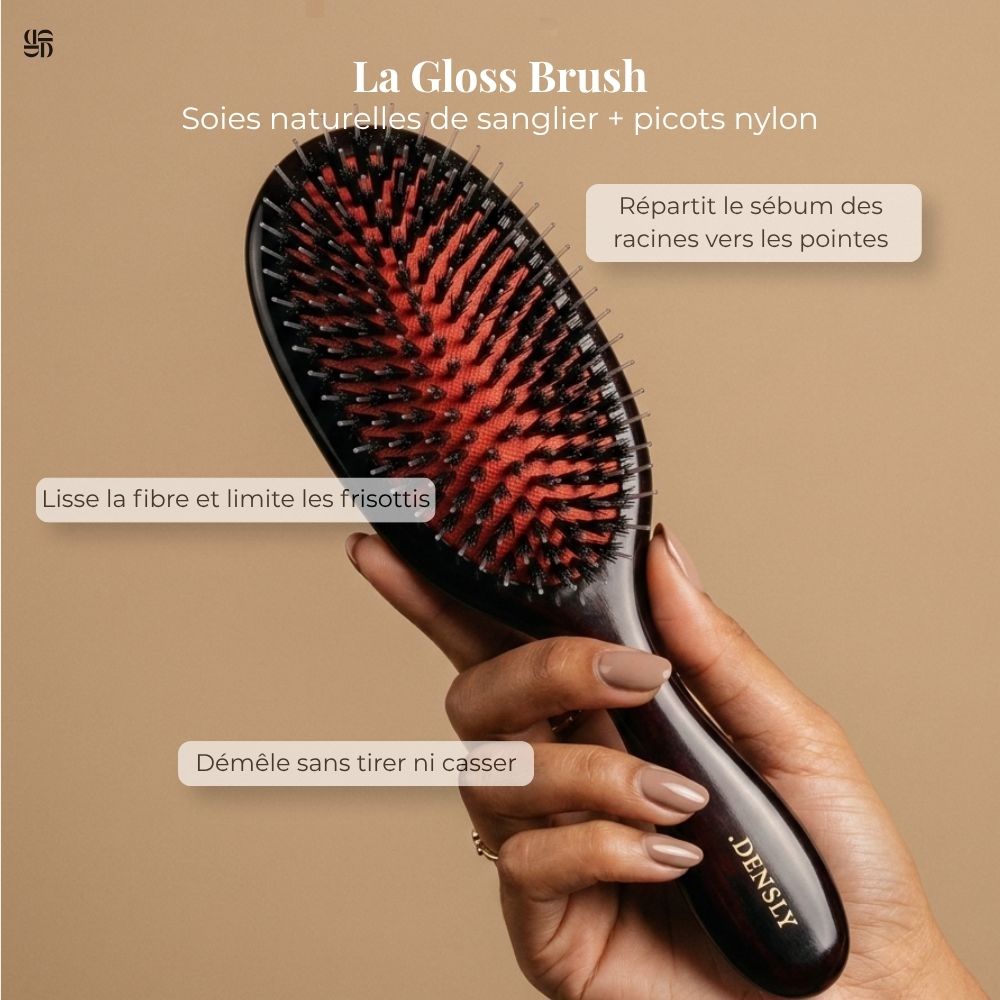 Caractéristiques de la Gloss Brush Densly : soies de sanglier et nylon, démêle sans casser