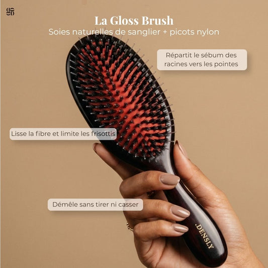 Caractéristiques de la Gloss Brush Densly : soies de sanglier et nylon, démêle sans casser