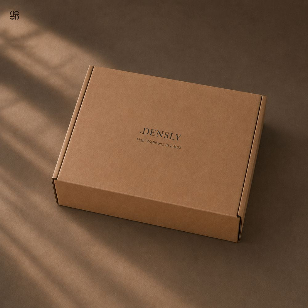 Boîte d'emballage en carton kraft minimaliste de la marque Densly avec l'inscription Hair Wellness in a Box, sous une lumière douce et naturelle.