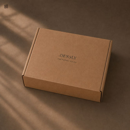 Boîte d'emballage en carton kraft minimaliste de la marque Densly avec l'inscription Hair Wellness in a Box, sous une lumière douce et naturelle.