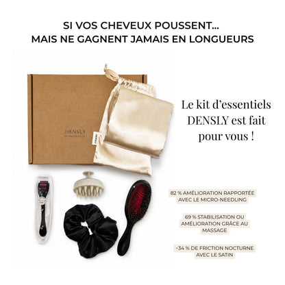 Infographie présentant les bénéfices des accessoires de la box DENSLY sur la repousse et la santé capillaire.