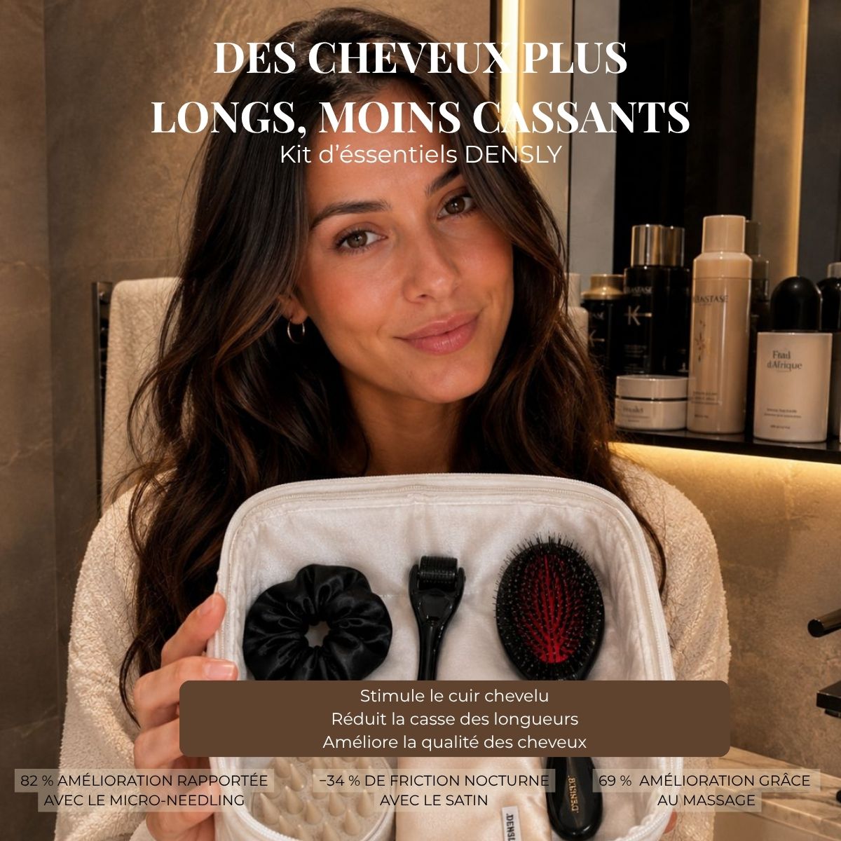 Créatrice de contenu présentant la box cheveux DENSLY et les accessoires de sa routine capillaire.