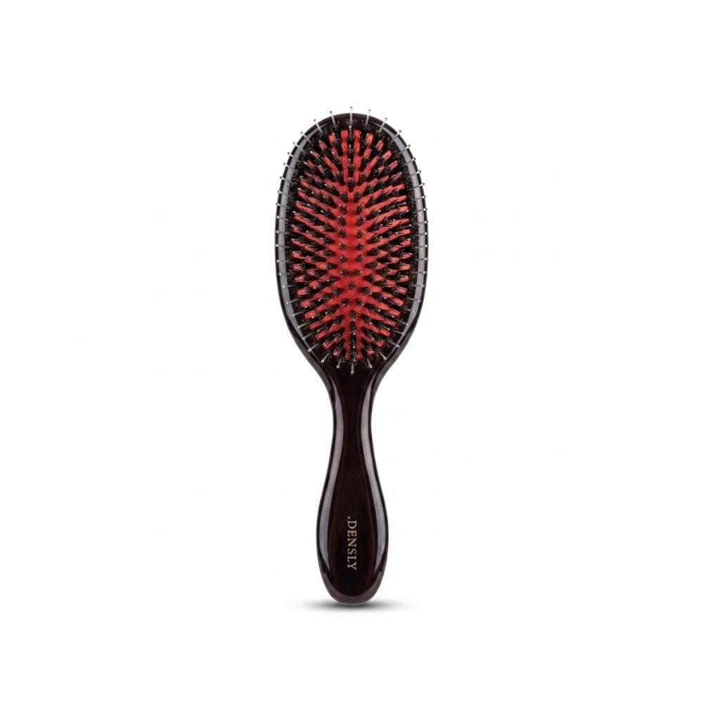 Brosse à cheveux ronde professionnelle en poils de sanglier naturels et picots nylon, manche ergonomique, démêle en douceur, lisse et apporte brillance aux cheveux sans les casser. Idéal pour les cheveux fins, fragiles ou après une chute de cheveux. Marque Densly