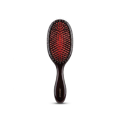 Brosse à cheveux ronde professionnelle en poils de sanglier naturels et picots nylon, manche ergonomique, démêle en douceur, lisse et apporte brillance aux cheveux sans les casser. Idéal pour les cheveux fins, fragiles ou après une chute de cheveux. Marque Densly