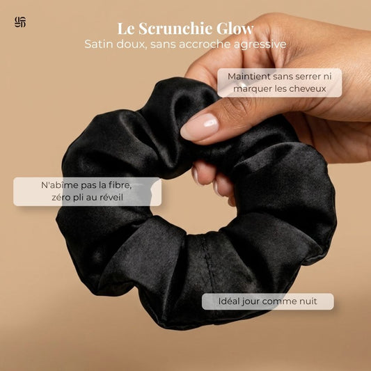Scrunchie en satin DENSLY qui maintient les cheveux sans les casser ni laisser de marque.