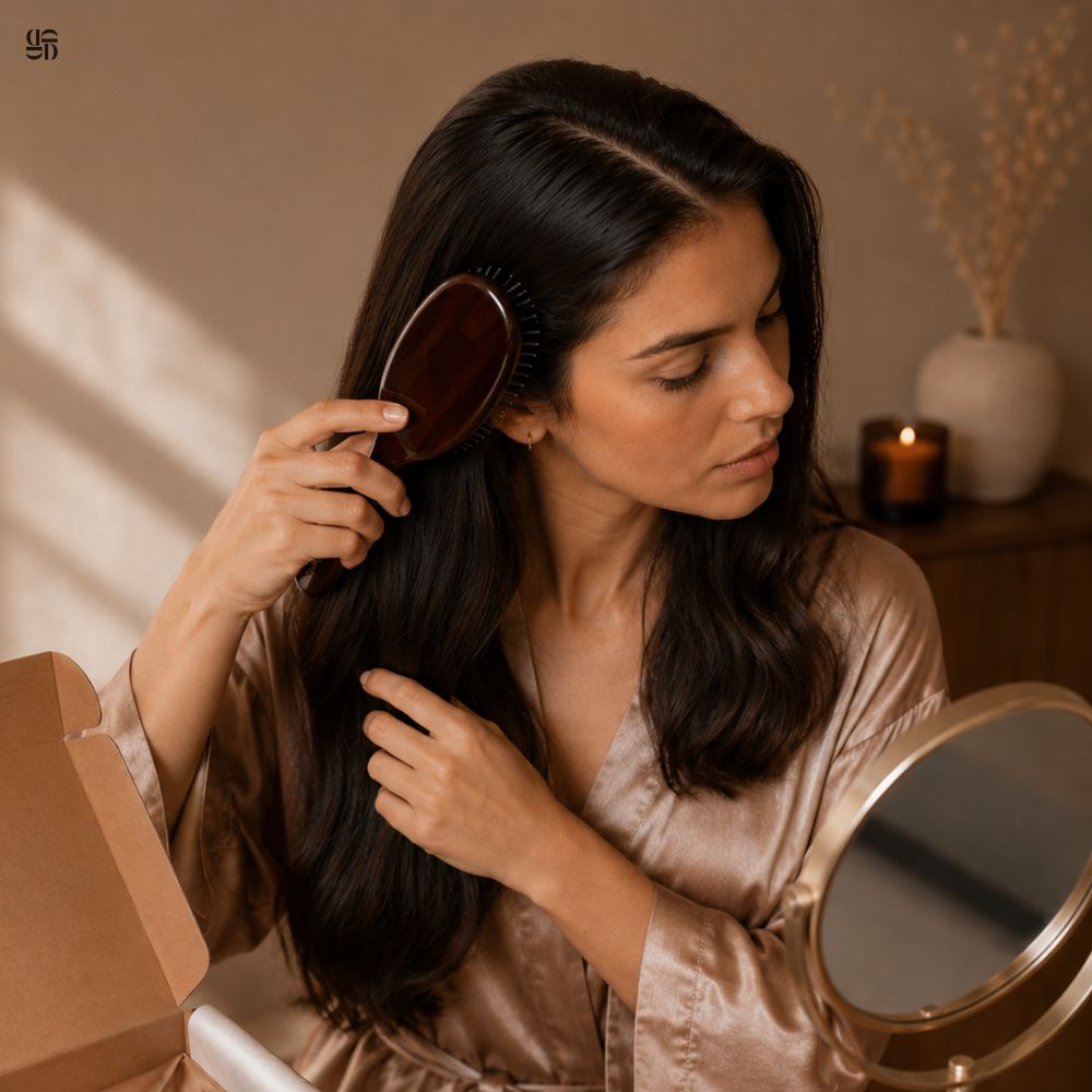Femme utilisant la brosse en poils de sanglier DENSLY pour démêler, lisser et protéger ses longueurs.