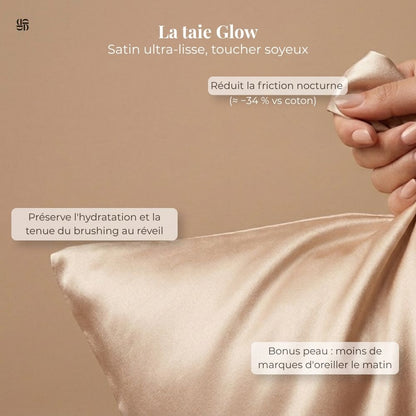 Taie d'oreiller en satin DENSLY qui réduit les frottements nocturnes et aide à prévenir la casse des cheveux.