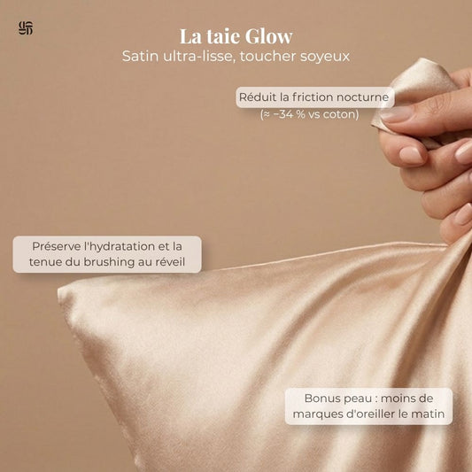 Taie d'oreiller en satin DENSLY qui réduit les frottements nocturnes et aide à prévenir la casse des cheveux.