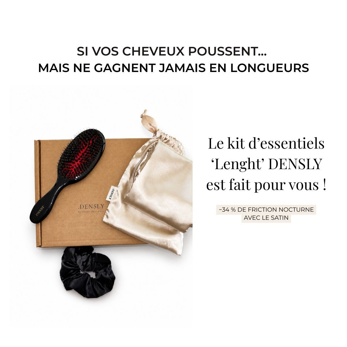 Box cheveux DENSLY conçue pour favoriser la pousse des cheveux et préserver les longueurs grâce à 5 accessoires.