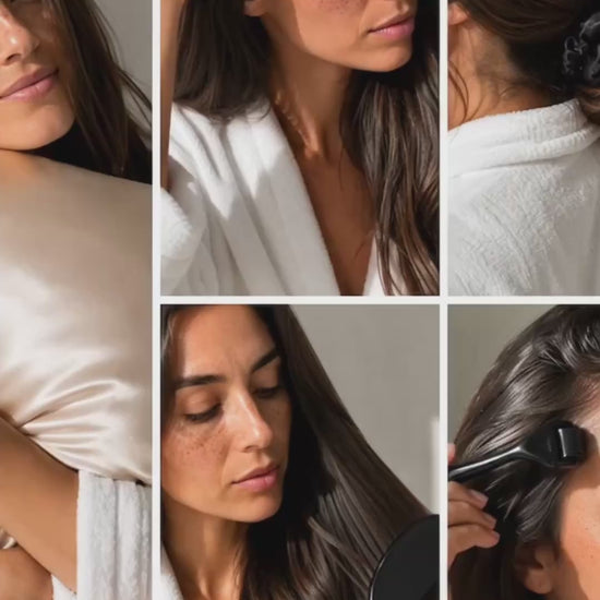 Vidéo publicitaire de la marque française DENSLY présentant sa Box de 5 accessoires essentiels pour stimuler la pousse et protéger les longueurs au quotidien. La routine capillaire s'affiche en 5 panneaux animés : une femme brune serrant une taie d'oreiller en satin anti-casse, massant son cuir chevelu avec la brosse en silicone (Scalp Brush), portant un chouchou en satin de soie noir, brossant ses cheveux longs avec une brosse en poils de sanglier, et utilisant un dermaroller