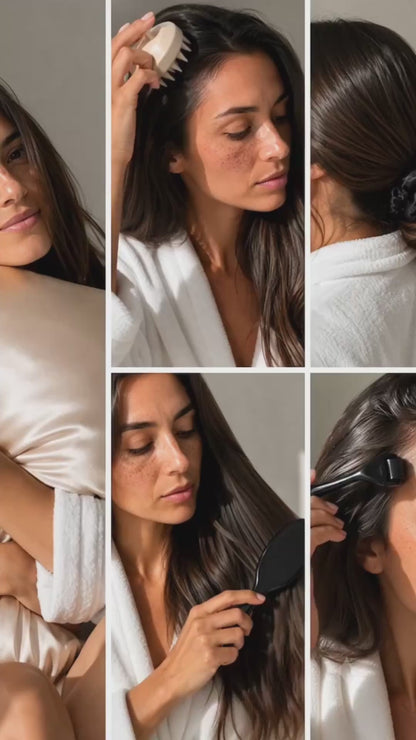 Vidéo publicitaire de la marque française DENSLY présentant sa Box de 5 accessoires essentiels pour stimuler la pousse et protéger les longueurs au quotidien. La routine capillaire s'affiche en 5 panneaux animés : une femme brune serrant une taie d'oreiller en satin anti-casse, massant son cuir chevelu avec la brosse en silicone (Scalp Brush), portant un chouchou en satin de soie noir, brossant ses cheveux longs avec une brosse en poils de sanglier, et utilisant un dermaroller